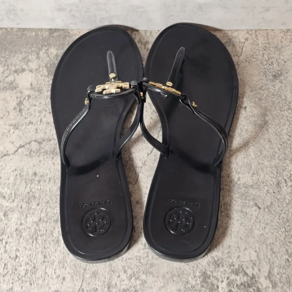 Tory Burch Black Jelly Miller Thong Sandals with Gold Logo